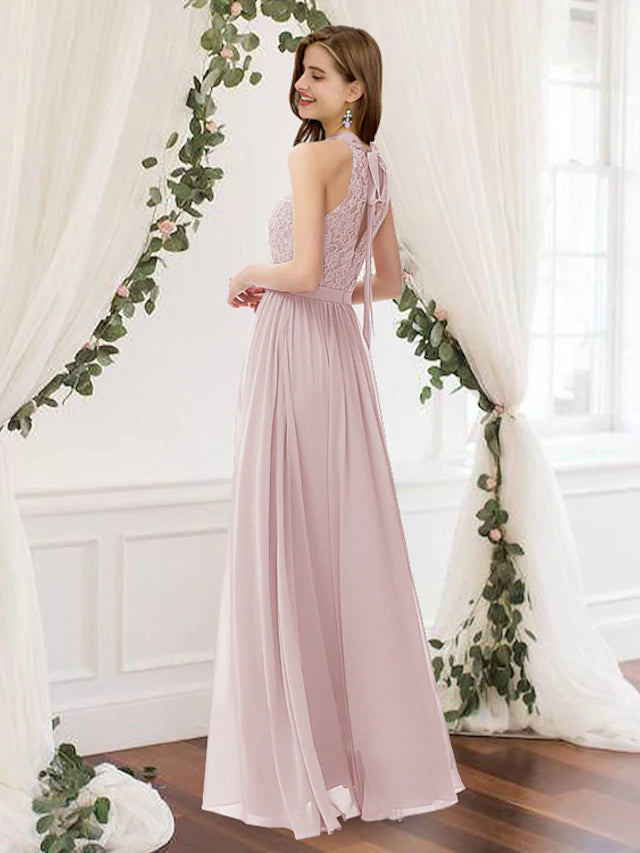 Luolandi A-Line Bridesmaid Dress Jewel Neck Sleeveless Elegant Floor Length Chiffon / Lace with Pleats Pure Color